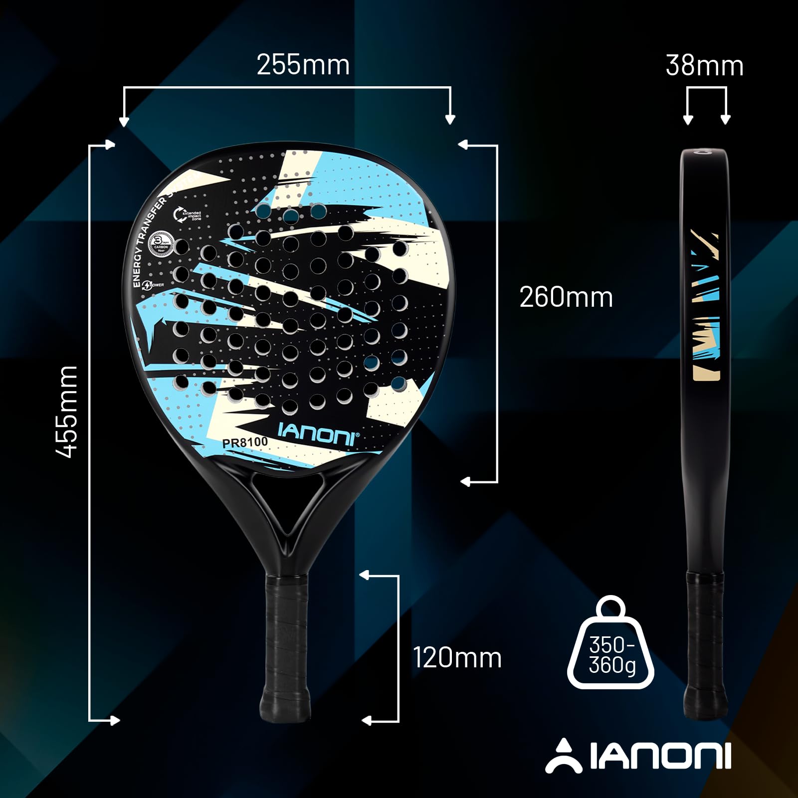 ianoni Racchetta da padel con superficie in fibra di carbonio con nucleo in schiuma EVA Memory Flex Core POP Padel Racquts-8100-azzurro cielo