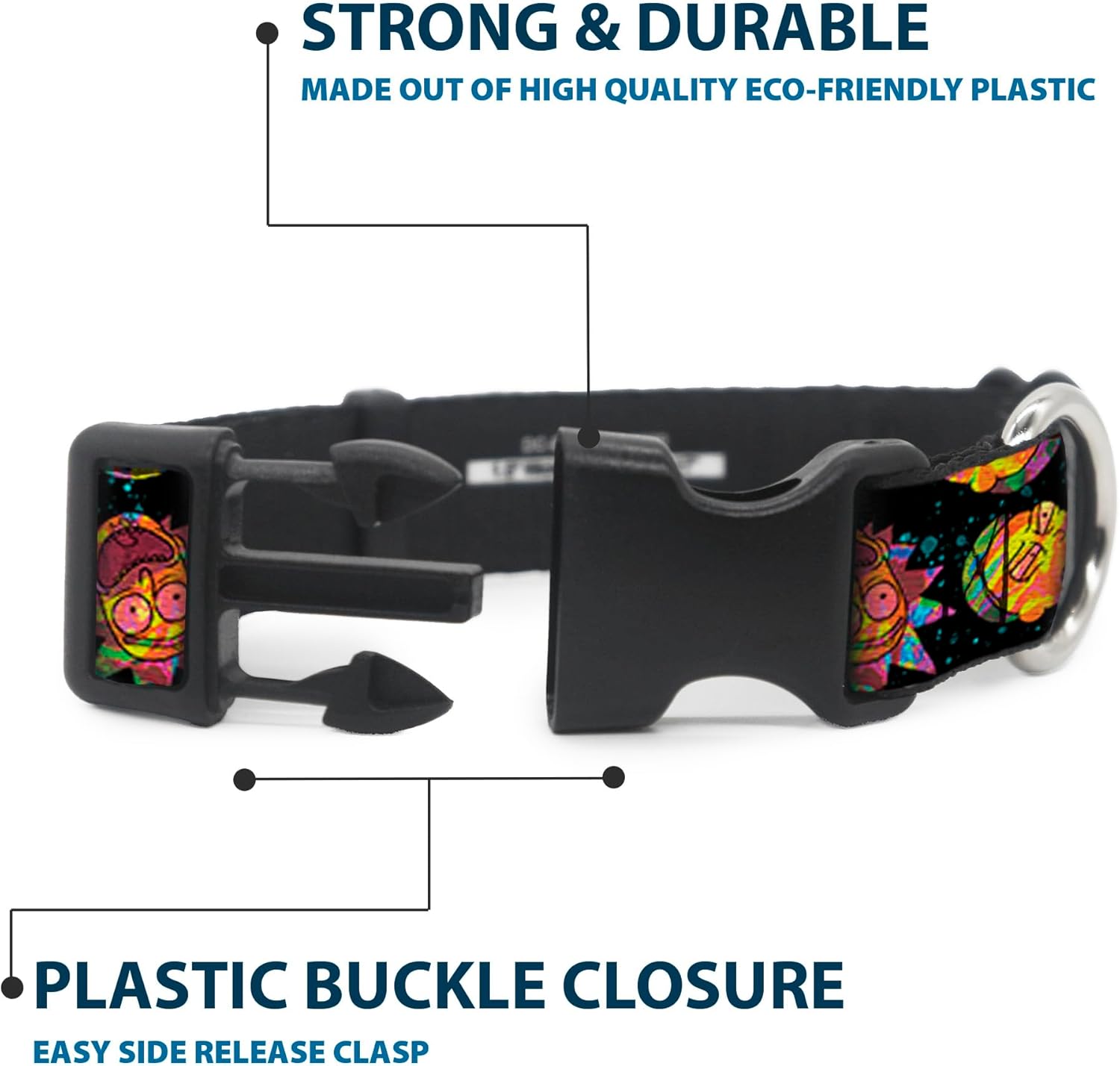 Rick and Morty Pet Collar, Dog Collar Plastic Buckle, Rick and Morty Vaporwave Expressions Scattered Multi Color, 13 to 17 Inches 1.5 Inch Wide