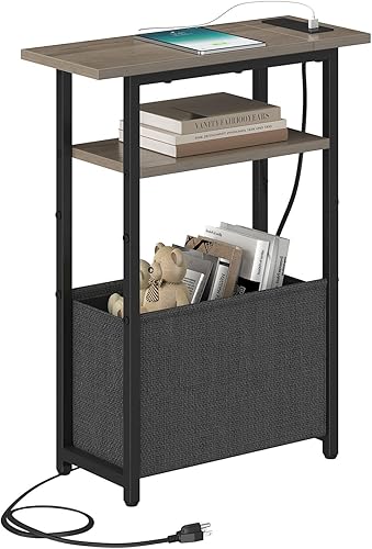 Miniatura 13 de Juego de 2 mesas auxiliares estrechas con estación de carga, mesa auxiliar pequeña para espacios pequeños, juego de 2 mesitas de noche delgadas con