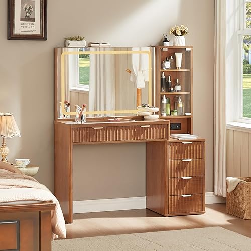 LEYAOYAO Vanity Desk with Mirror and Lights, 43.5'' Fluted Makeup Vanity with 6 Drawers and Adjustable Shelves, Glass Top Make Up Vanity, Girls Wood Dressing Table with Power Outlet for Bedroom