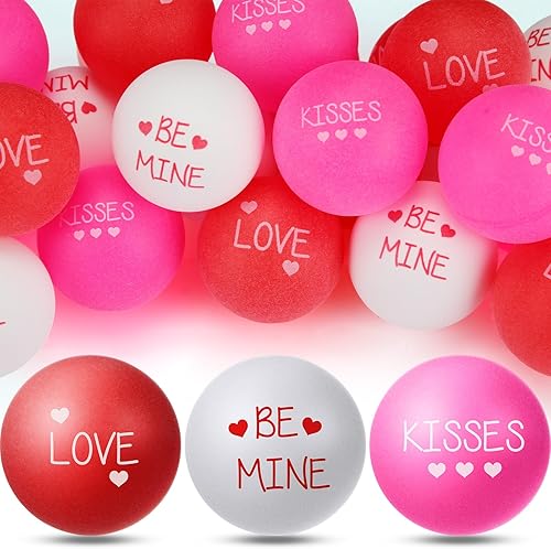 Soulchen 24 Pcs Valentines Day Table Tennis Balls Bulk 40 mm Heart Table Tennis Ball Red Pink White Valentines Day Novelty Funny Toys Accessories