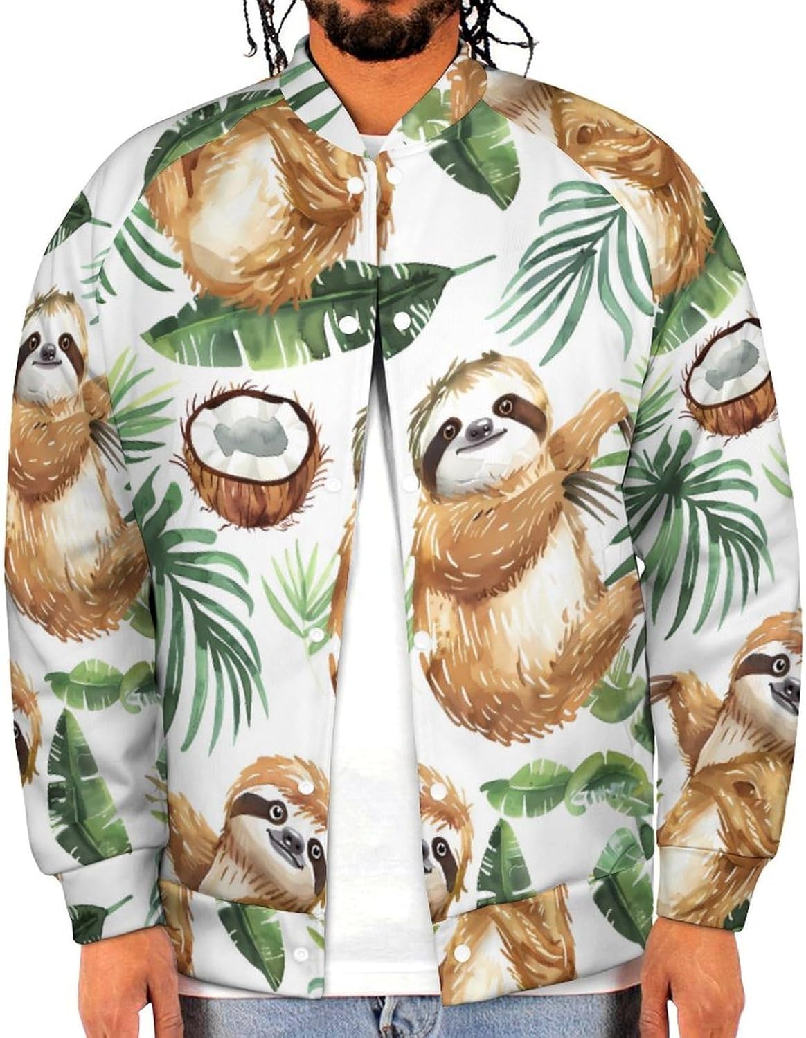 Cute Sloth Coconut Palm Leaves Novelty Men's Baseball Jackets Causal Sweatshirt Button Top Long Sleeve Coat