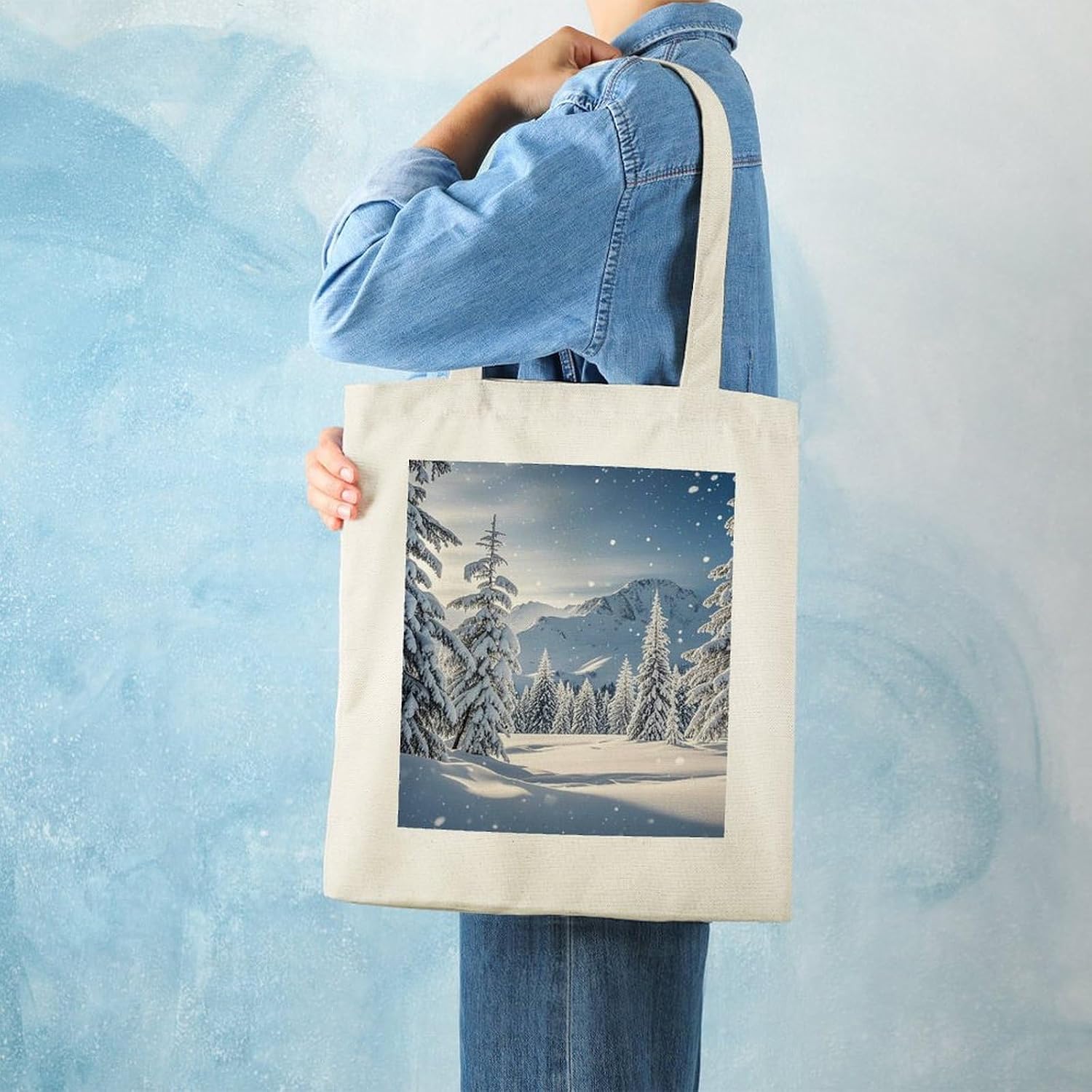 Winter Skiing Cotton Polyester Blend Canvas Carryall Bag | Winter Skiing Reusable Fabric Handbag for Grocery Travel Daily Errands Multipurpose Storage Carry Tote