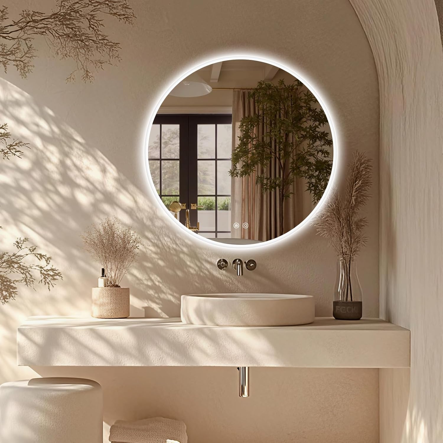 Niccy 32 Inch LED Round Mirror with Light, Backlit/Front Lighted, Frameless LED Wall Mounted Bathroom Vanity Mirror, 3 Color Stepless Dimmable 3000K/4500K/6000K, LED Anti-Fog Lighted Bathroom Mirror