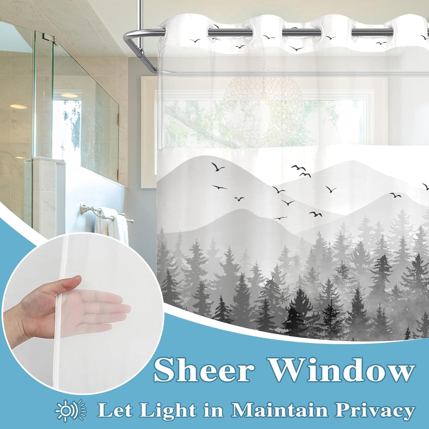 Accnicc No Hook Shower Curtain with Snap in Liner Black Gray Misty Forest Hookless Shower Curtains for Bathroom Foggy Nature Pine Tree Mountain Woodland Waterproof Fabric Bath Curtain Decor 71×74In Black Forest 71"W x 74"L (Pack of 1)