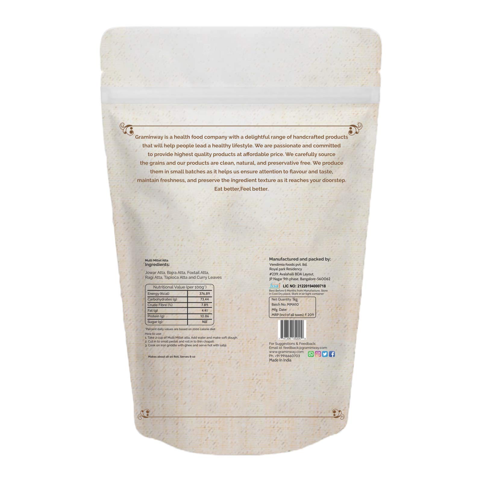 GRAMINWAY - from The Roots Healty and Tasty Multi Millet Atta/Flour 1kg - Image 2 thumbnail