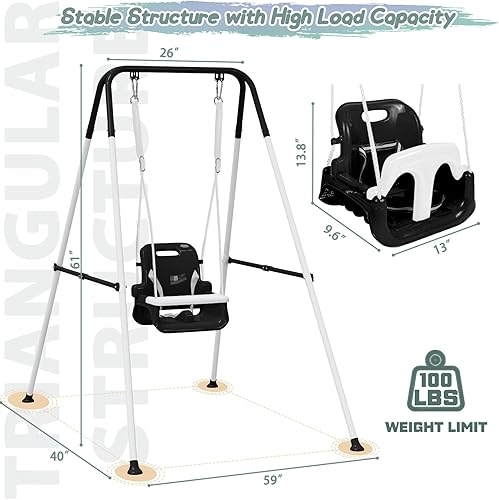 Miniatura 7 de Columpio mejorado para niños pequeños con bandeja, columpio para bebé al aire libre con diseño desmontable, cinturón de seguridad, marco plegable