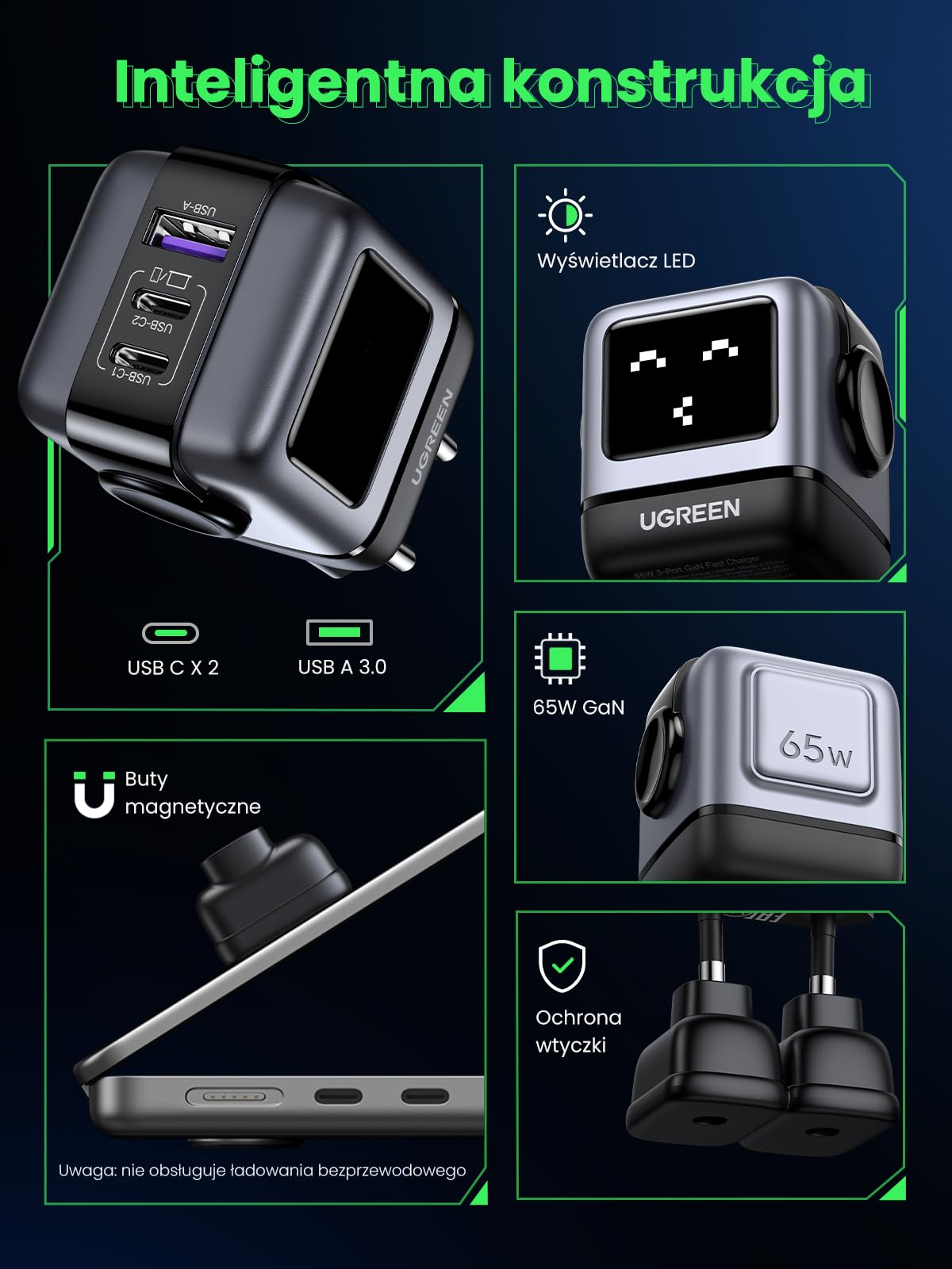 UGREEN Uno USB C Charger 65W USB C Power Supply 3-Port Fast Charger LED Display kompatybilny z MacBook, iPad, iPhone 16, Galaxy S24 Ultra, Steam Deck (czarny)