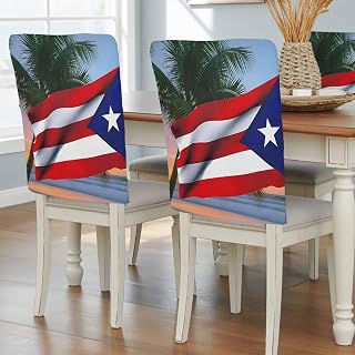 USA Flag Chair Covers Set of 6, Decorative Chair Back Cover, Vintage Puerto Rico Sandy Palm Tree Ocean Dining Room Chair Slipcovers Removable Chair Protectors Covers for Party Banquet