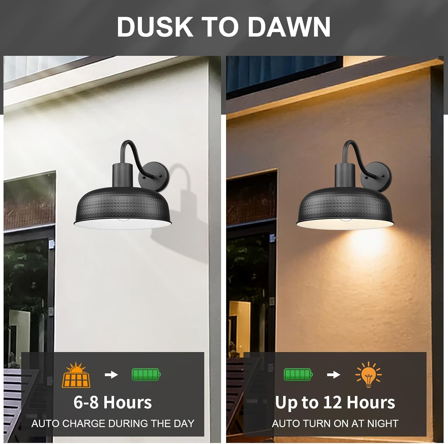 Darkaway Solar Barn Light, Industrial Outdoor Wall Light Dusk to Dawn Wall Sconce Gooseneck Exterior Wall Mount Lighting Fixture with Hammered Dome Metal Shade for House Garage Porch Shed Hallway