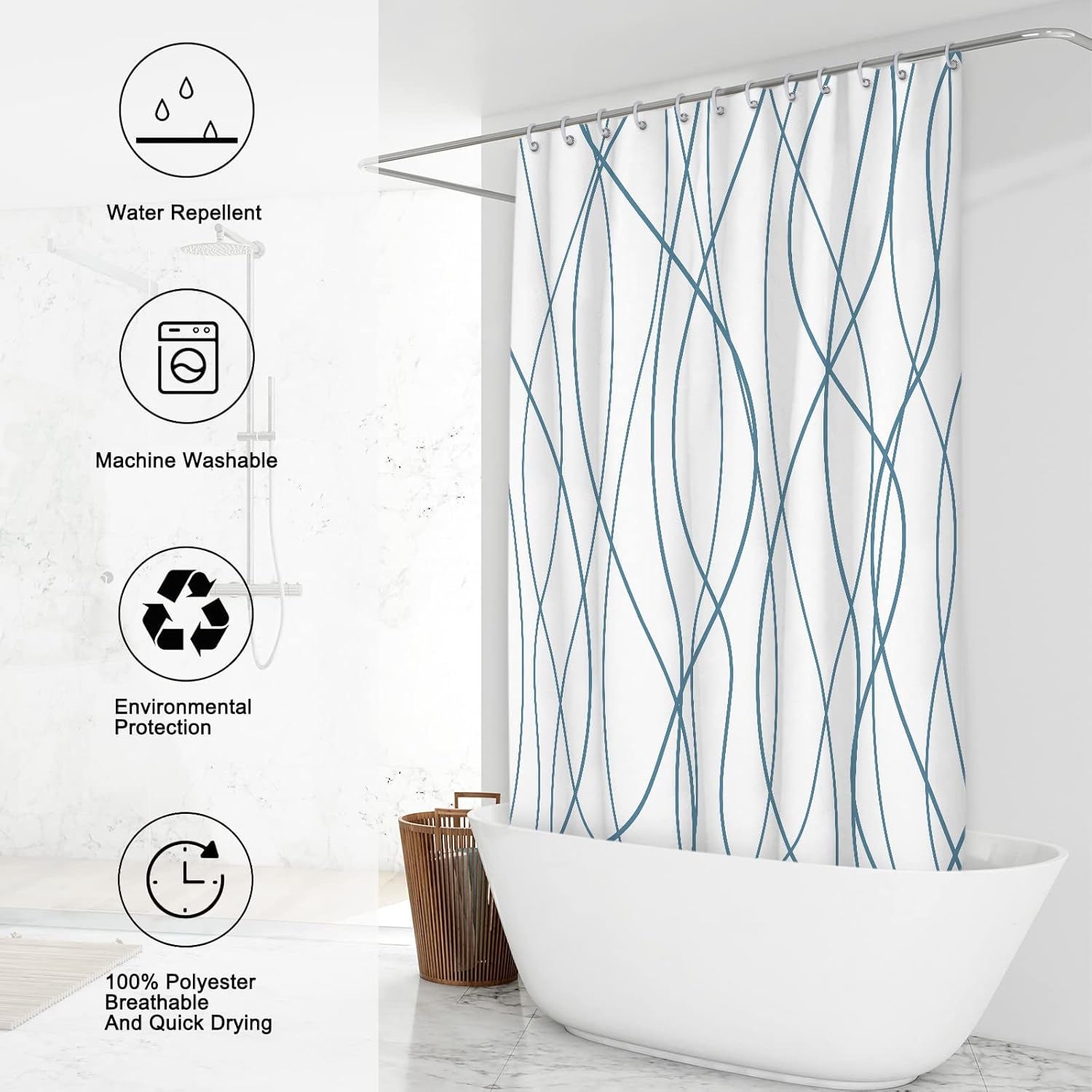 Punkray Lake Blue Shower Curtain for Bathroom with Hooks, Extra Long Shower Curtain Set Stripe Shower Curtains, Weighted Hem Water Repellent Washable, 72 x 72