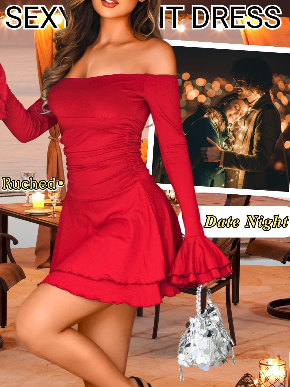 Kaei&Shi Off Shoulder Ruched Ruffle Mini Dress,Long Sleeve Tube Short Dresses,Sexy Club Outfits for Women Cocktail Homecoming - Image 4