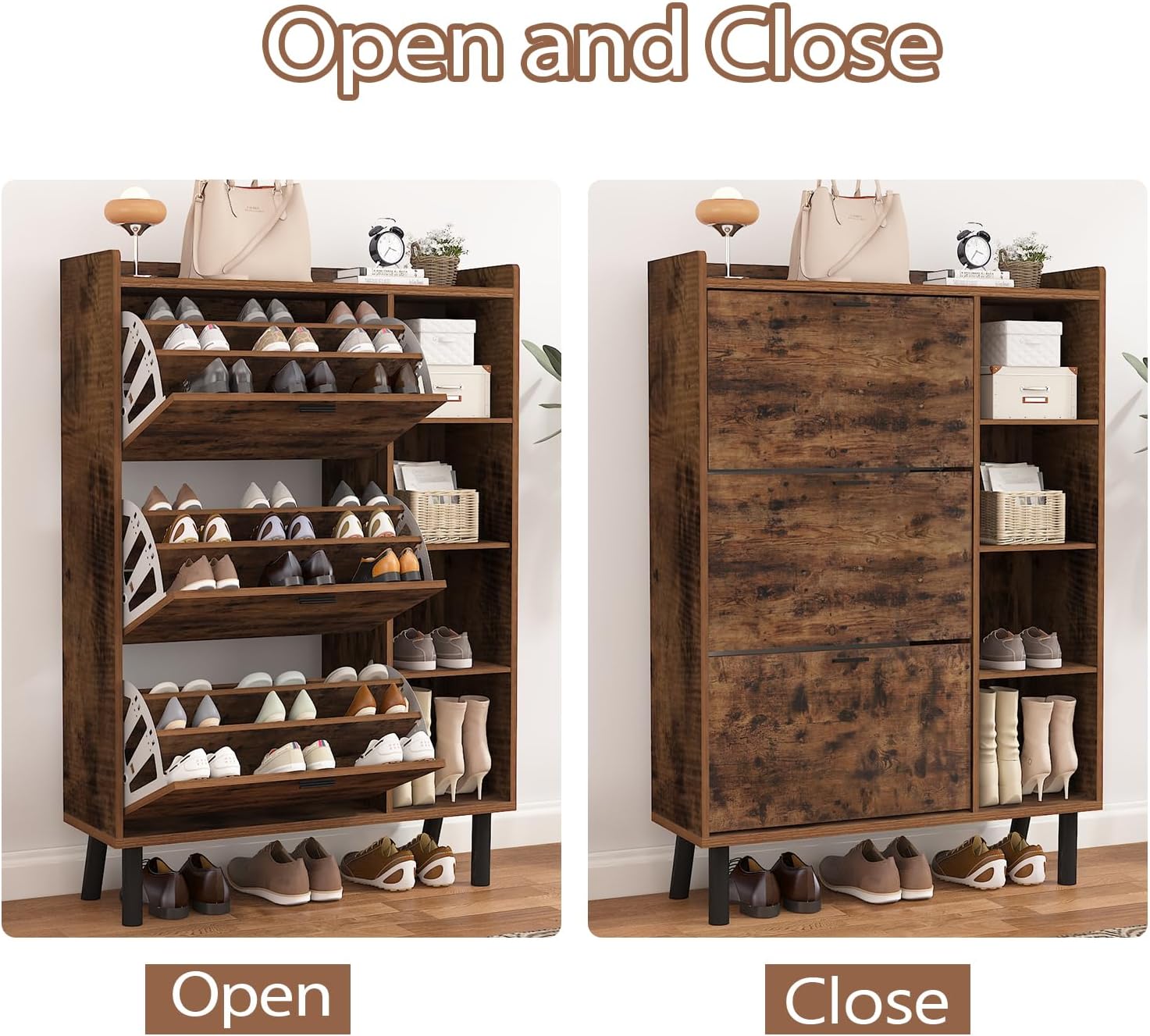 Shoe Cabinet Storage, 3 Layers Shoe Storage Cabinet for Entryway with 3 Flip Drawers and 4 Shelves, Large Capacity Shoe Rack, Rustic Shoe Organizer Cabinet Adjustable Shoe Rack