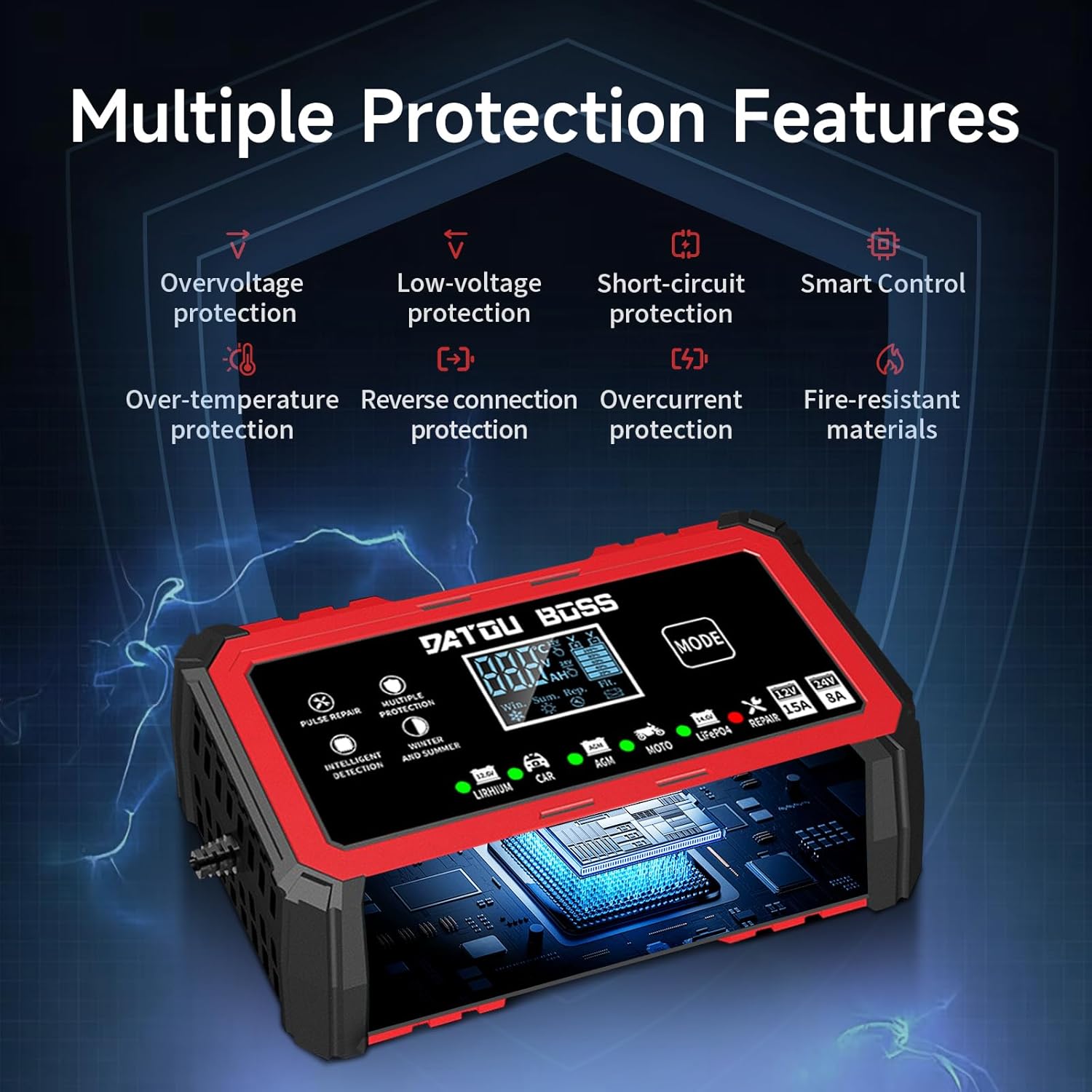 DATOUBOSS 15A Battery Charger, 12V/24V LiFePO4 & Lead Acid Smart Car Battery Charger, Trickle Charger Automotive, Automotive Battery Maintainer for Car Motorcycle RV Truck Boat (12V 15A/24V 8A)
