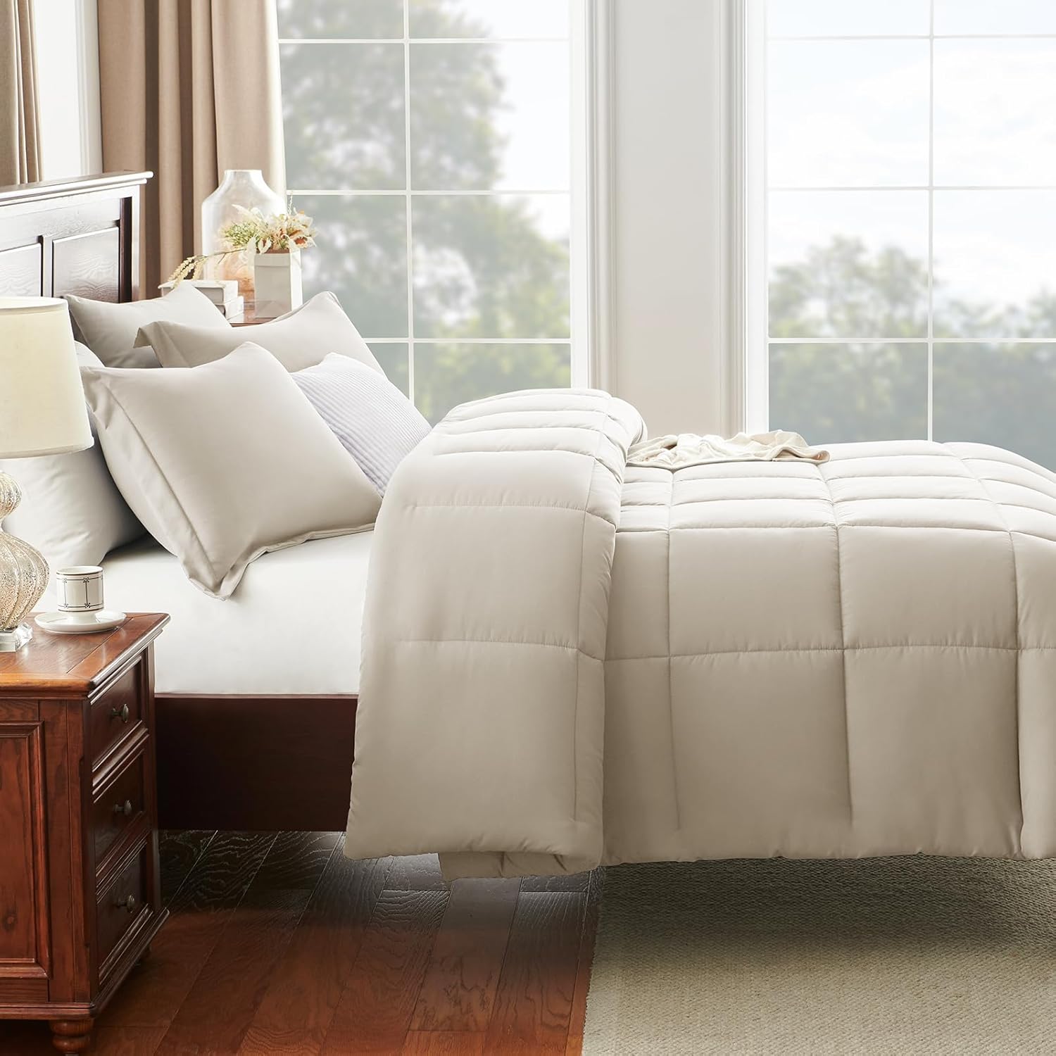 CozyLux Queen Size Comforter Sets Beige - 3 Pieces Box Stitched Queen Bed Set for All Seasons, Soft Lightweight Bedding Sets with 1 Down Alternative Comforter and 2 Pillow Shams - Image 8