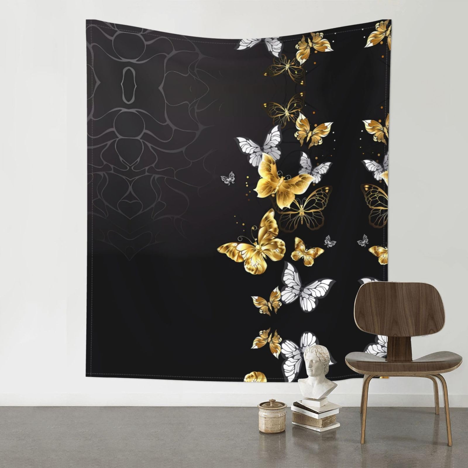 YYHHAOFA Gold White Butterflies Black Prints 60x51in Wall Tapestry – Durable Polyester Throw for Dorm, Beach, & Home Decor