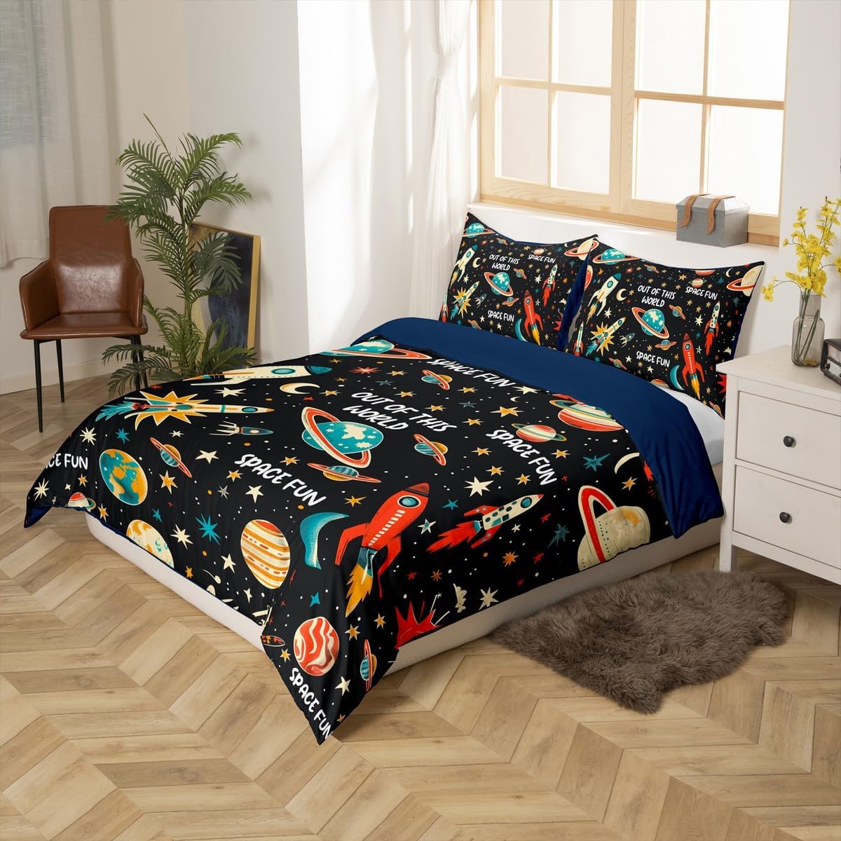 jejeloiu Cartoon Solar System Duvet Cover Toddler Size Kids Rocket Universe Planets Comforter Cover Set for Boys Girls Teens Galaxy Bedding Set Breathable Outer Space Bedspread Cover Star Quilt Cover