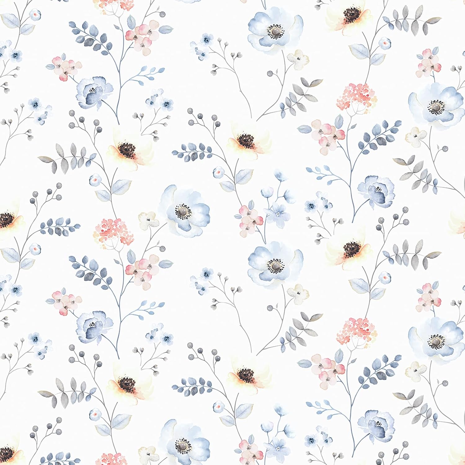 Floral Peel and Stick Wallpaper Watercolor Blue Pink Flower Wallpaper for Girls Room Nursery Self Adhesive Floral Twig Contact Paper for Cabinet Drawer Elegant Botanical Wall Paper 12"x393"
