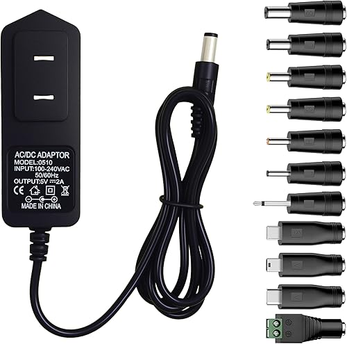 Adaptador de corriente universal de 5 V 2 A, adaptador de carga CC 11 en 1 con USB tipo CMicro-USBMini USB y 8 puntas de CC, compatible con