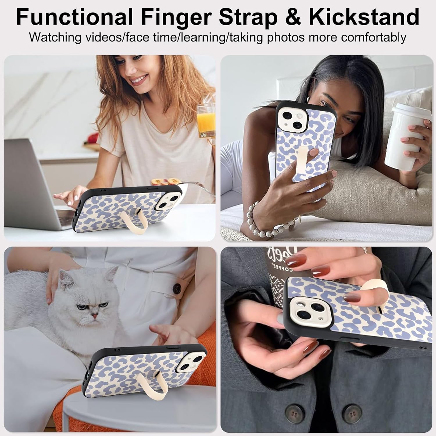 Compatible with iPhone 14 Case with Finger Hand Strap Kickstand, Trendy Cool Leopard Cheetah Print Phone Case for Women Men, Full Camera Protection Shockproof Protective Cover, White - Image 5