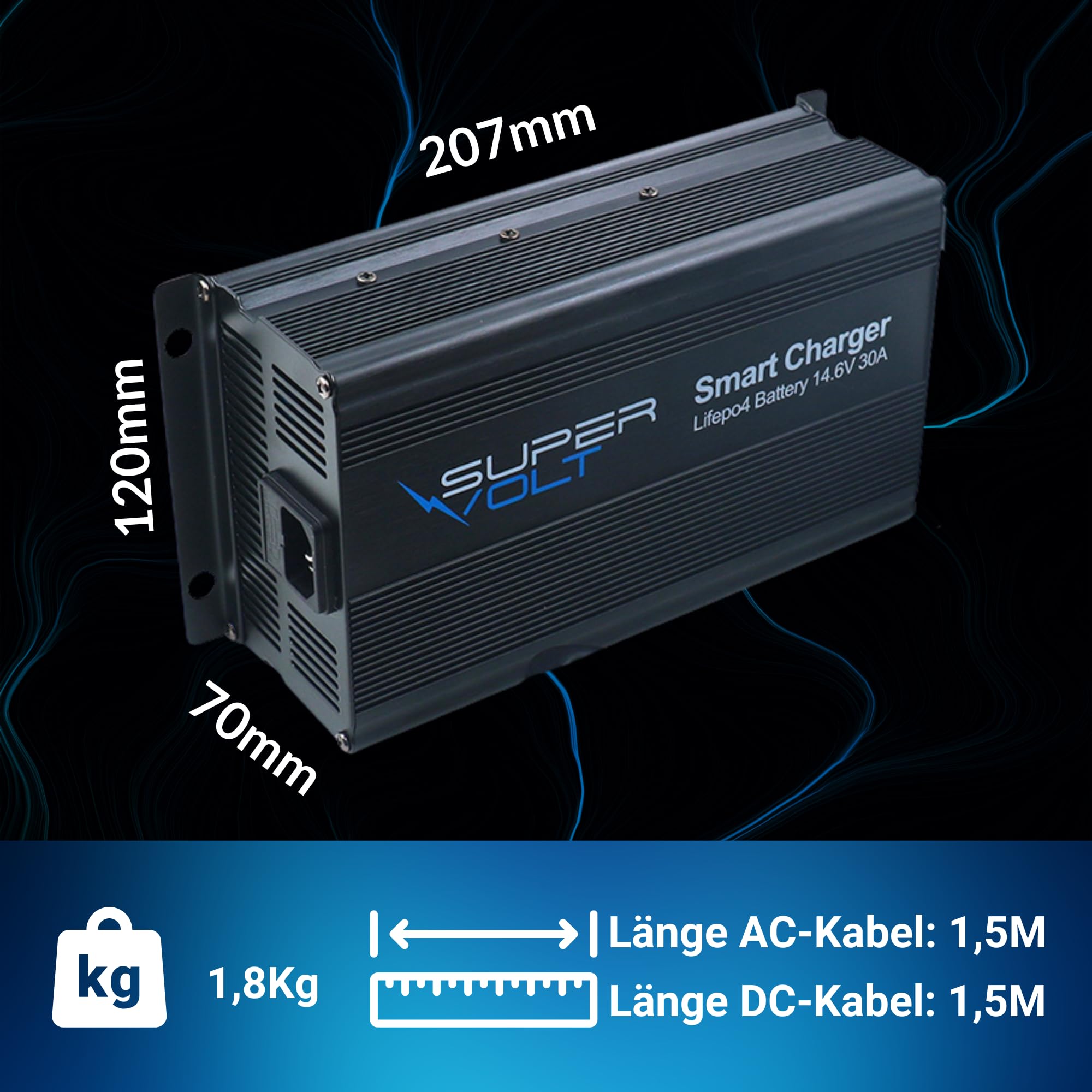 LiFePO4 Ladegerät 12V 30A | Schnelles Laden für Lithium Batterien | Plug & Play mit Anderson-Stecker & Schutzsystem | Inkl. 1,5 m AC & DC Kabel – für Wohnmobil, Boot & Solar