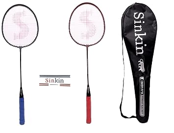 SINKIN Badminton Set of Two with Full Cover for Family Men, Women, Boys & Girls Strung (Red-Blue)