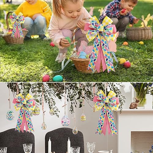 Vista 6 de TONIFUL 2 lazos grandes de 20 pulgadas, decoraciones de Pascua, lazos de Pascua, lazos de cintas rosas y amarillas, para decoración de Pascua