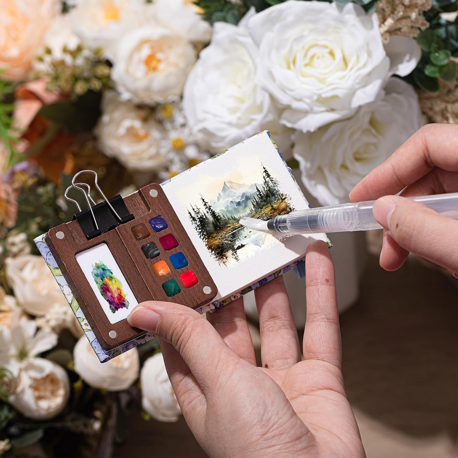 Qilery Mini Portable Watercolor Palette Set Wooden Grid Paint Box Watercolor Paper Sketch Book Brush Pens with Binder Clip for Painters Artist Not Include Paint(Blueberry)