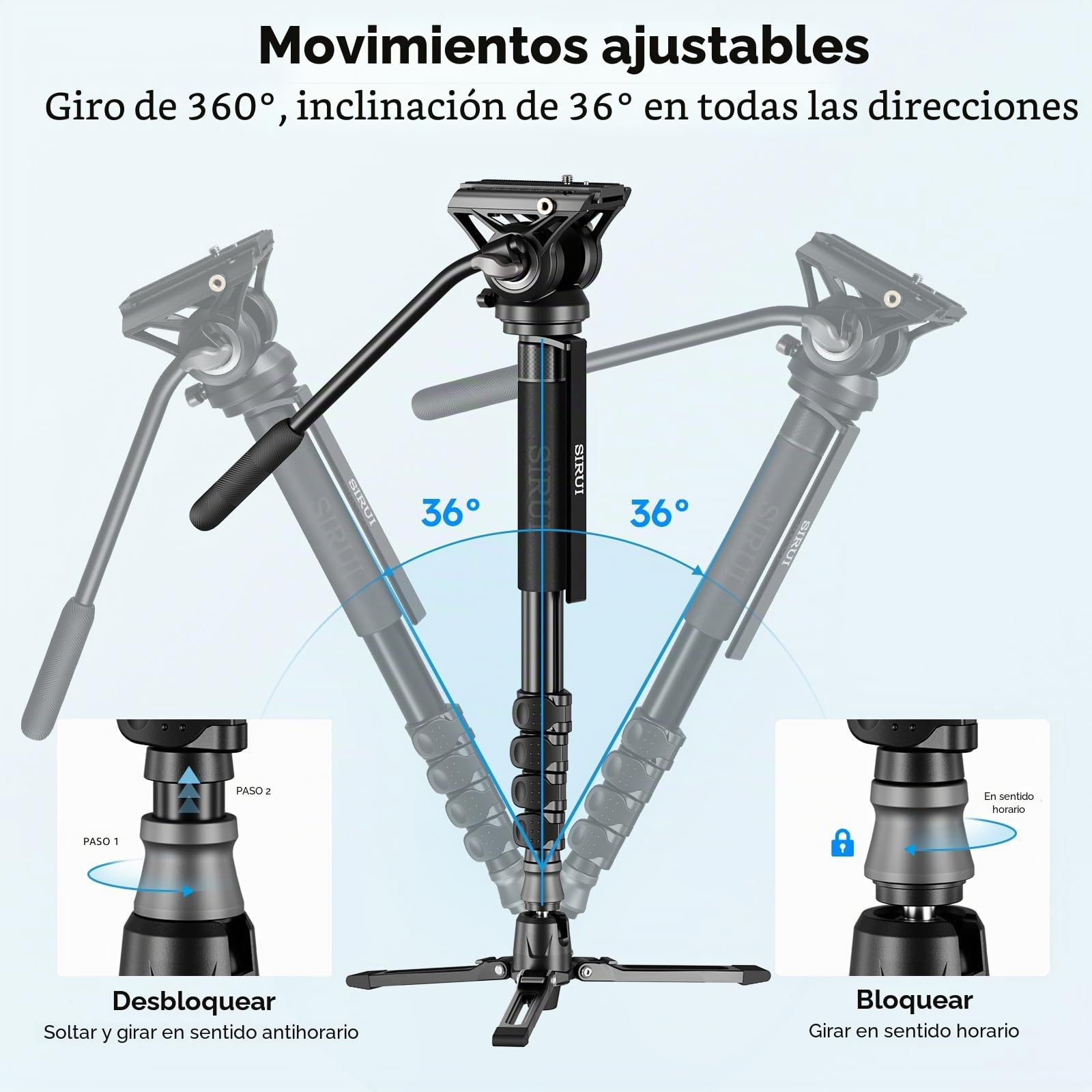 SIRUI 188cm Monopié de Cámara con Pies, Monopié de Viaje de Aluminio con Base de Trípode, Monopié de Vídeo Ligero con Cabeza de Fluido para Videocámara, Carga Máx. 8kg - AM-MDP02