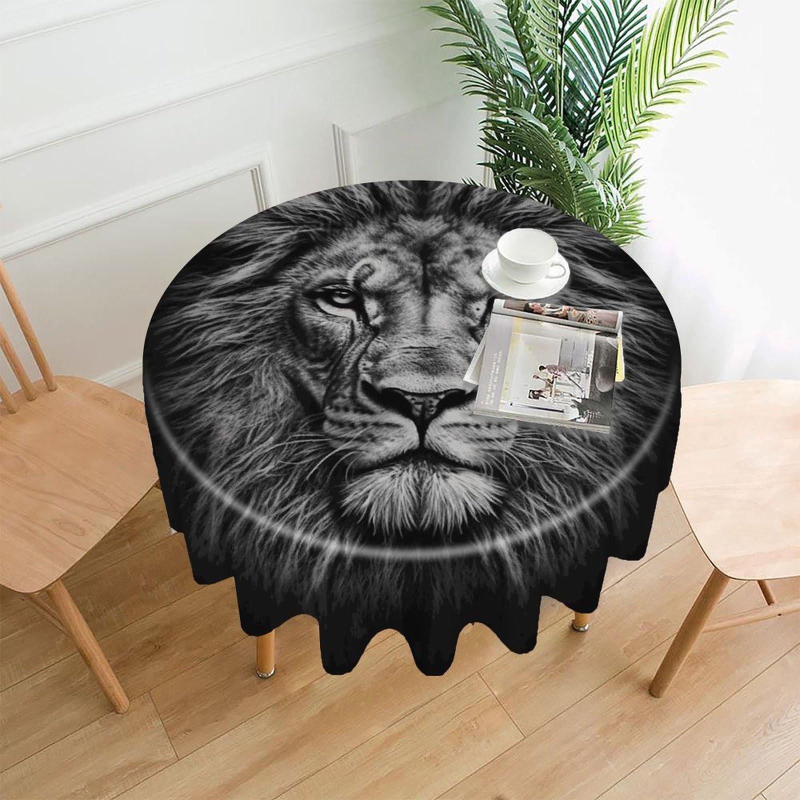 VstaDank Black and White Lion Head Table Cloth Fashions Washable Round Tablecloth Decorative Table Cover Comfortable Straight Edge Tablecover for Dining Kitchen Party Outdoor 60 Inch