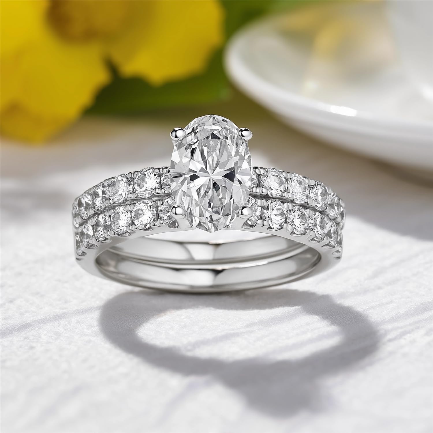 Moissanite Engagement Ring Set for Women Oval Cut Dainty Bridal Set Ring Personalized in S925 Sterling Silver/10k/14k/18k Gold