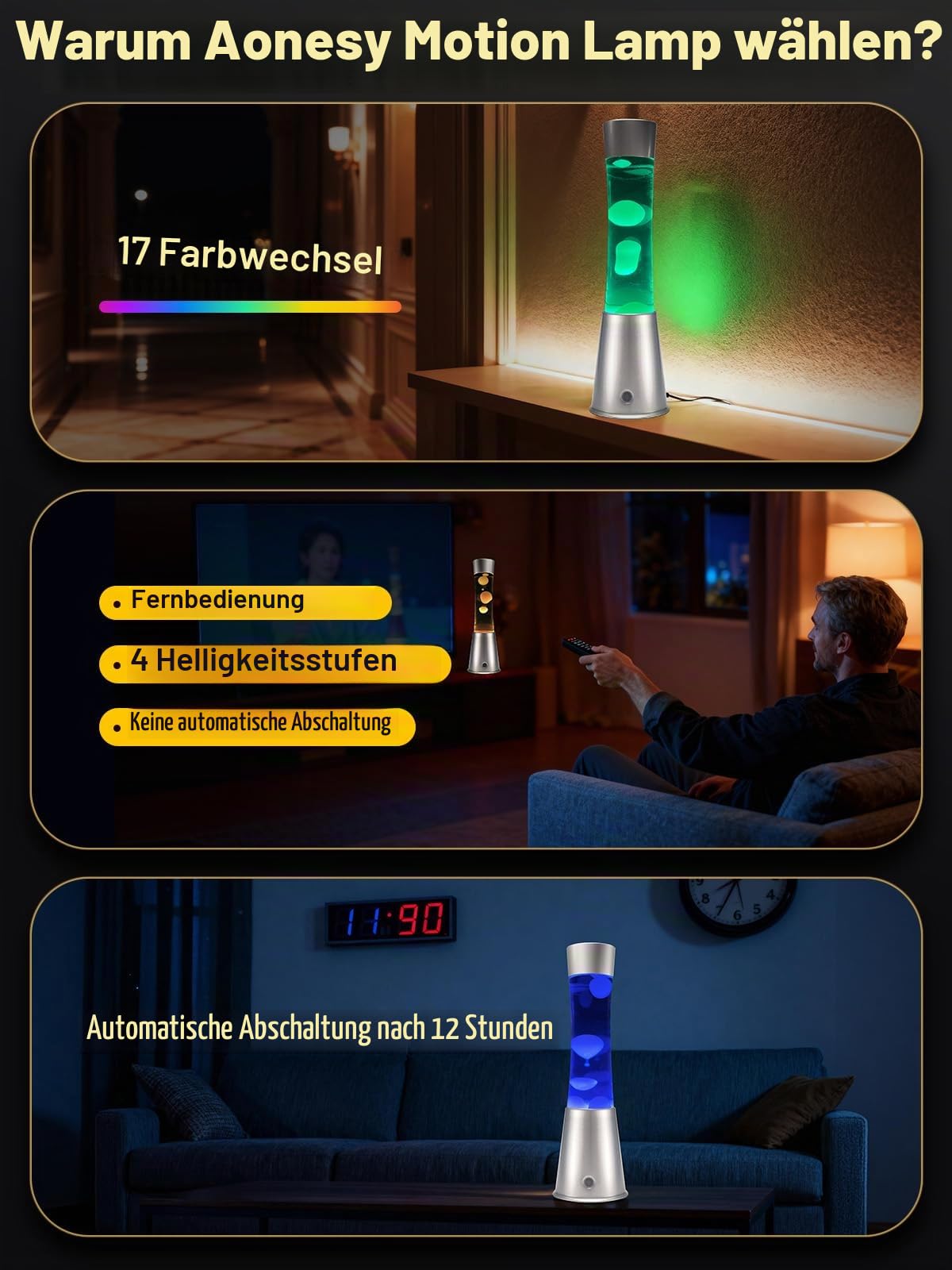 AONESY Große Lavalampen mit Fernbedienung：Lavalampe Groß Led 17 Farbwechsel | Große Lavalampen 12-Stunden Aus Timer | 15.5 inch Lavalampe Lila/Schwarz/Blau für Schlafzimmer-Weiß