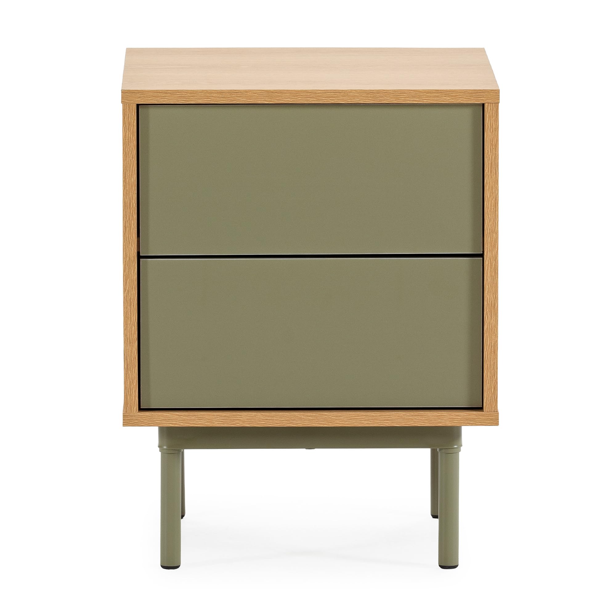 HOMN LIVING Mesita de Noche Cuzco 2 cajones Color Roble/Verde, 40 cm (Ancho) 40 cm (Profundo) 52 cm (Altura)