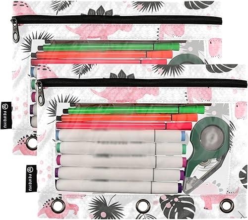 Miniatura 2 de Estuche para carpetas de hojas de dinosaurio rosa y gris, resistente para carpetas de 3 anillas, estuche de suministros de oficina y escritorio,