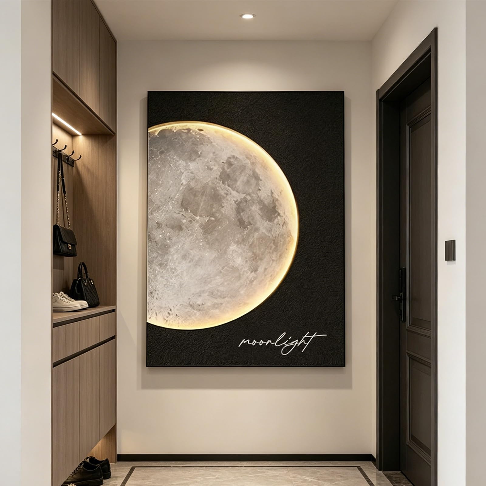 SYXHJTFZ Modern Elegant Moon Sandstone Wall Art Borderless Decor, Large Celestial Lunar Prints Warm Plug-in LED Light Remote Control for Living Room Apartment Indoor Space(H,80 * 120cm/31.5 * 47.2in)