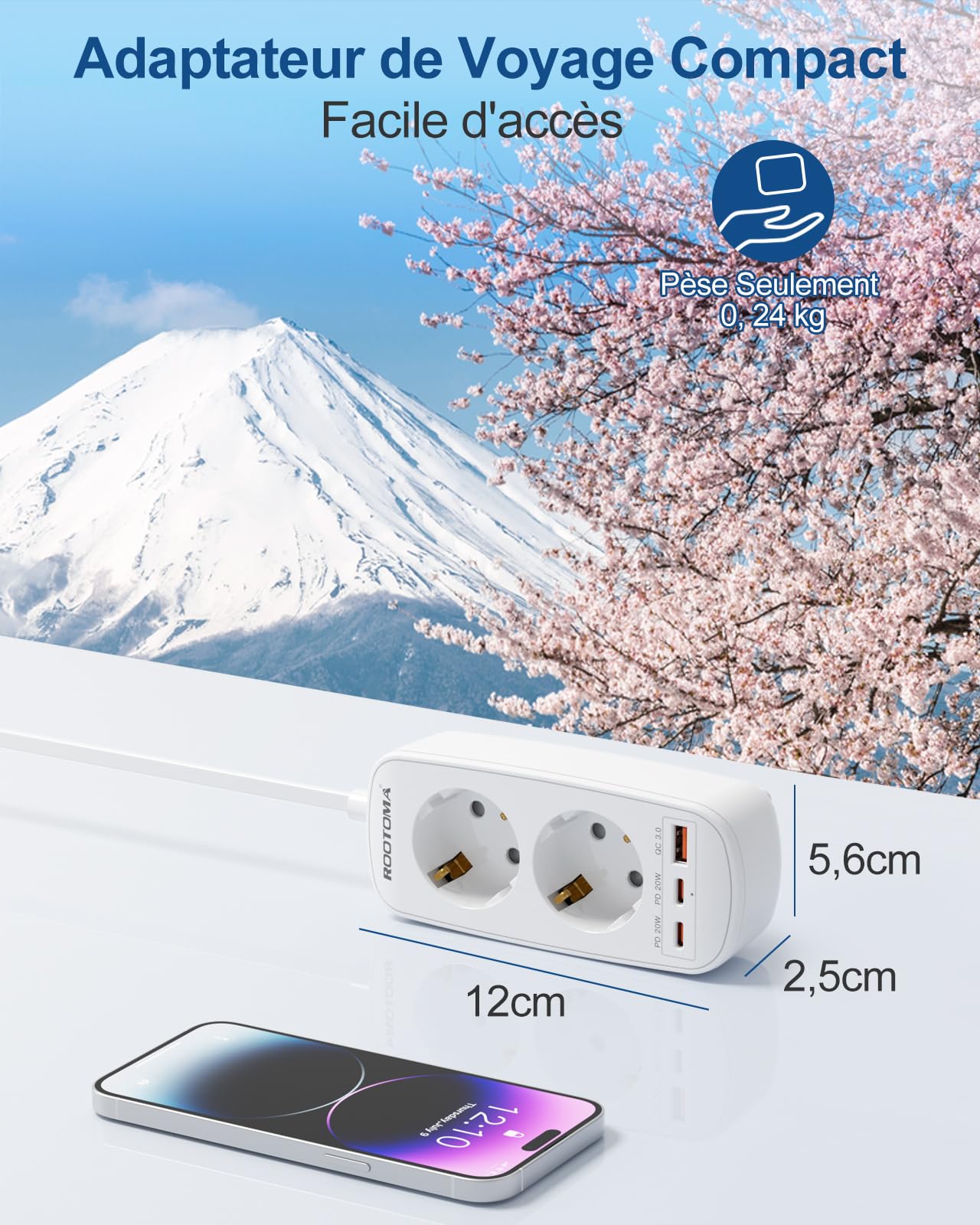 Adaptateur Prise Japon, 5 en 1 Adaptateur Japon avec 3 USB (PD20W/QC3.0), Double Prise pour Japon, Panama, Thaïlande, Viêt Nam, Taïwan, 1,5 M Câble, Type A