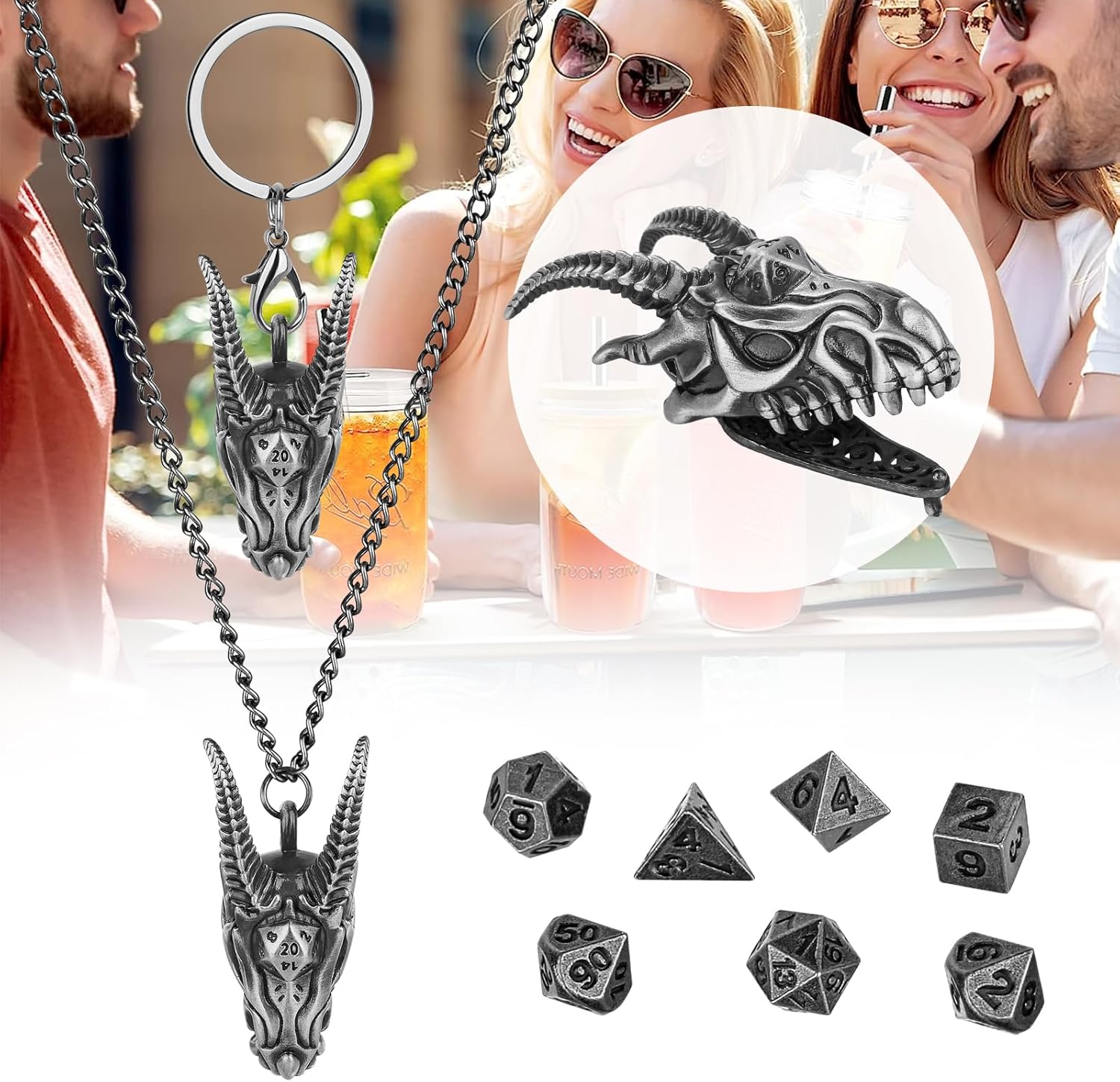 Mini DND Dice Set with Dragon Head Metal Cage Portable Keychain Necklace, Tiny 7pcs Polyhedral D&D Dice Set, DND Gifts with Gift Box, D&D Accessories for RPG, Dark Silver
