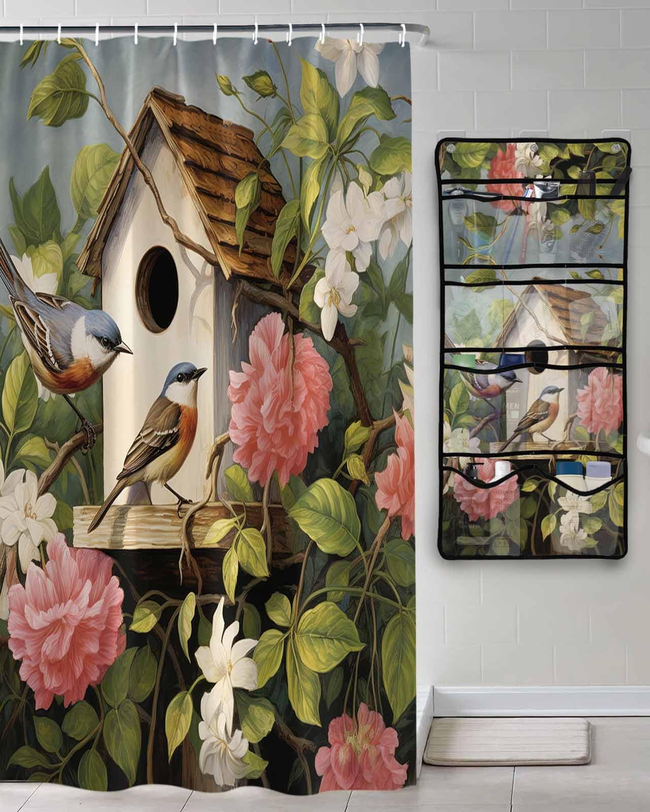 Shower Curtain Mesh Shower Organizer Hanging Set Spring Birds Birdhouse Vintage Pink Flowers Waterproof Shower Curtains with 10