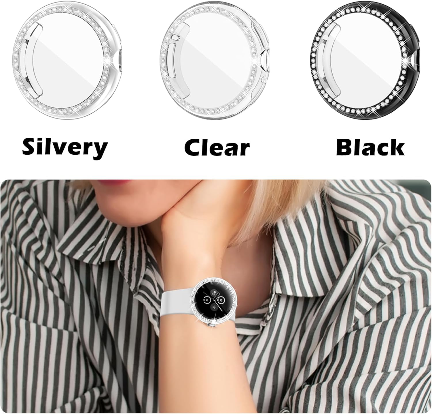 Bling Case Compatible with Google Pixel Watch 41mm, TPU Flexible Glitter Screen Protector, Sparkling Face Cover for Pixel Watch1/Pixel Watch2/Pixel Watch3 41MM (Black,Silver,Clear)