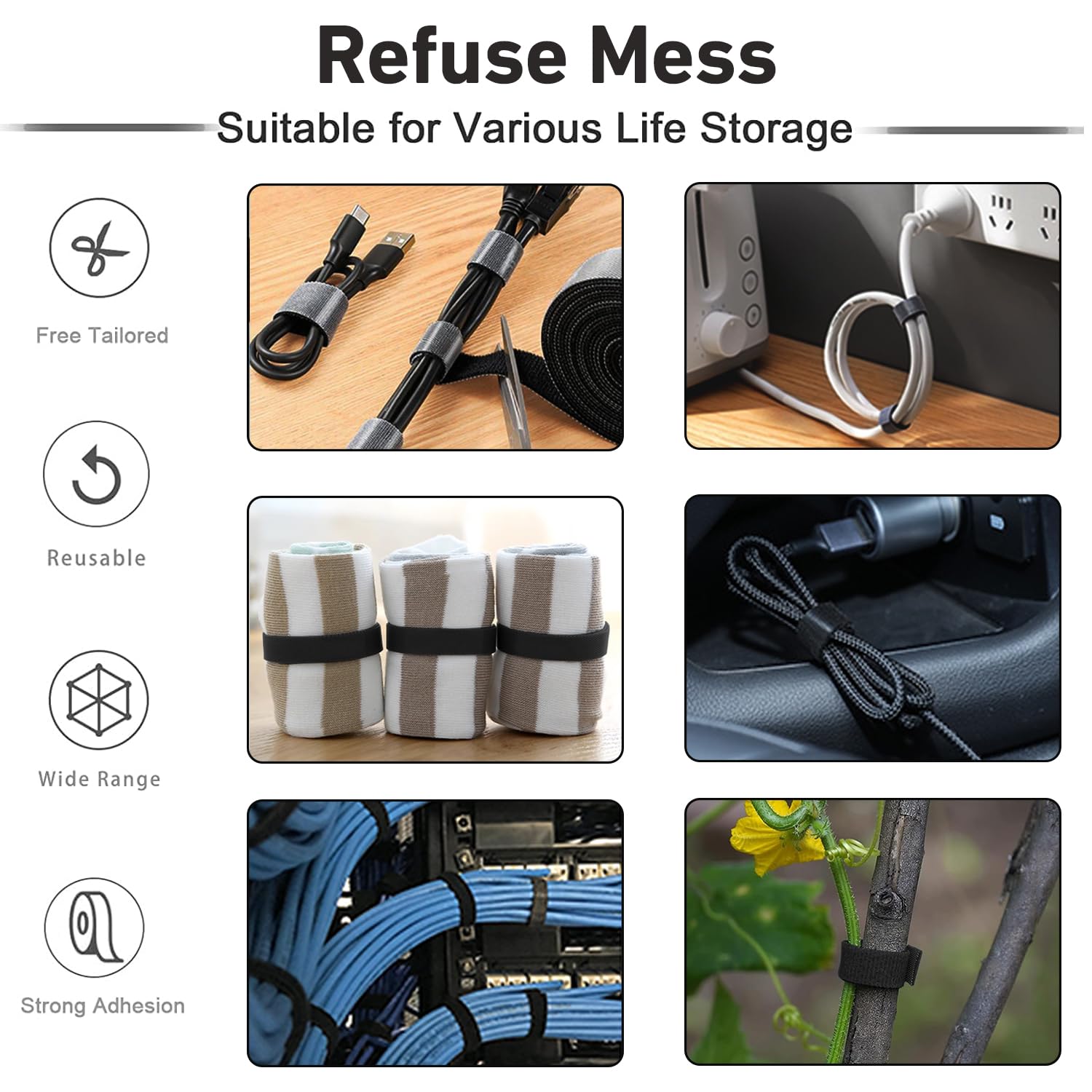 Bridas de sujeción reutilizables de 50 m x 1,3 cm, rollo de gancho y bucle en Hitotsu para gestión de cables, hogar, oficina, cables eléctricos, centro de datos, habitación de anfitrión, negro, 2