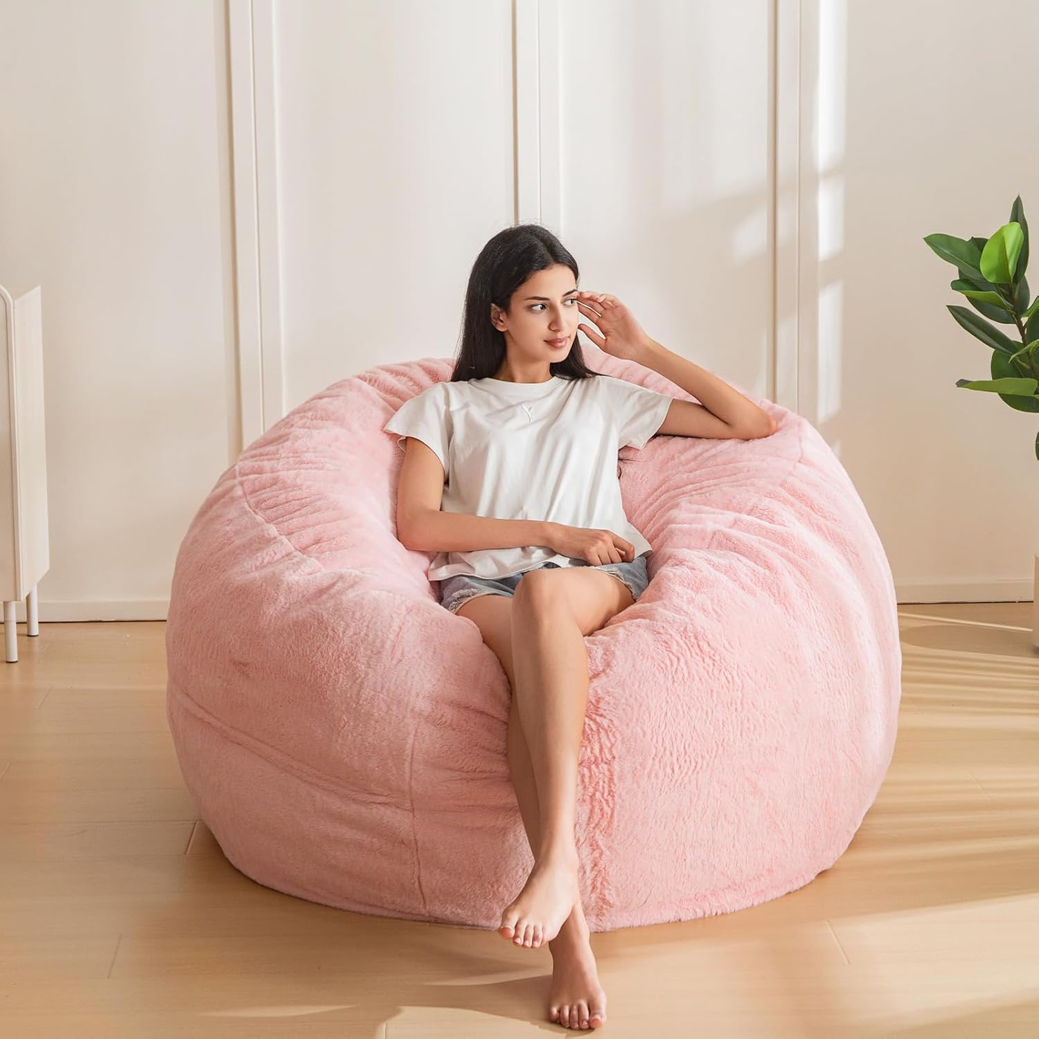MAXYOYO Bean Bag Chair for Adults, Large 3 ft Bean Bag Chair with Foam Filling, Ultra Soft Fur Lazy Sofa for Living Room Bedroom, Machine Washable Cover 3FT Pink
