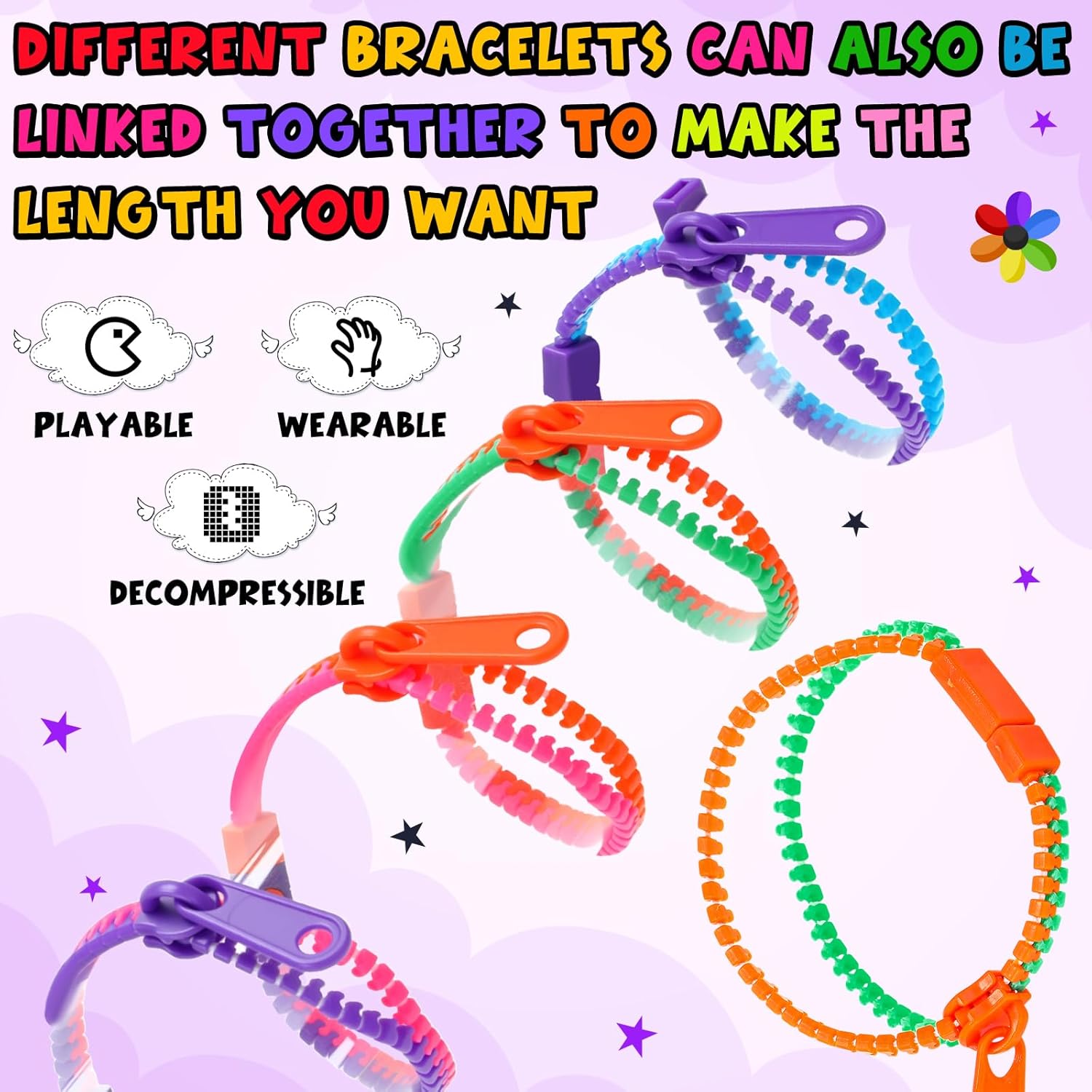 Yinkin 200 Pieces Party Favors 7.9 Inch Friendship Fidget Zipper Bracelets Children Sensory Toy Fidgets Friendship Play Bracelets for Classroom Rewards Birthday Goodie Bag Fillers (Bright Color)