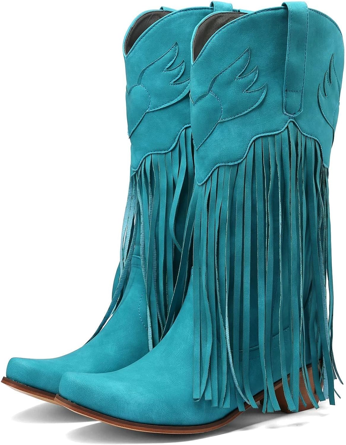 Meefit Women Fringe Cowboy Boots Square Toe Mid Calf Embroidered Western Boots,Tassel Cowgirl Boots Stacked Heel Retro Boots