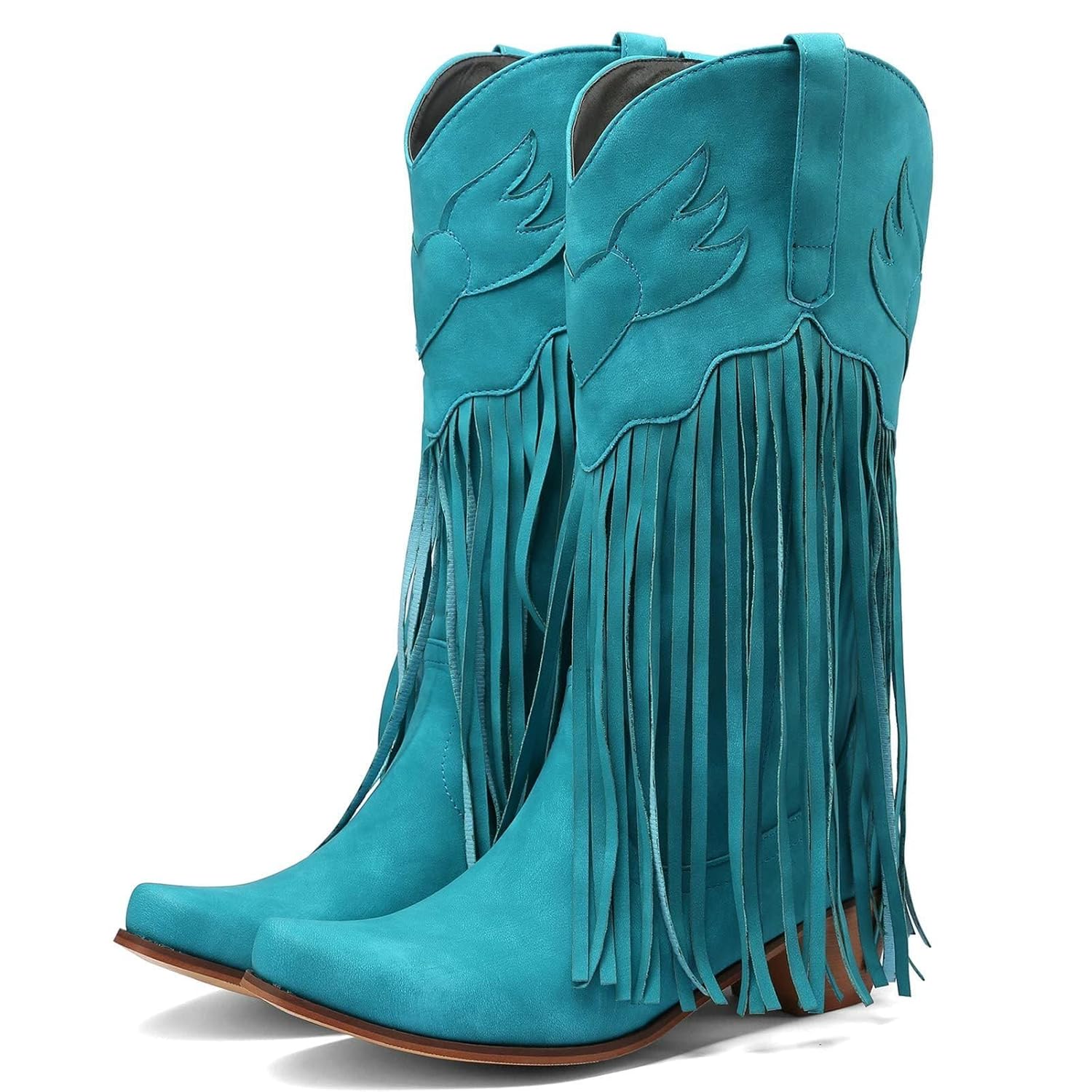 Meefit Women Fringe Cowboy Boots Square Toe Mid Calf Embroidered Western Boots Tassel Cowgirl Boots Stacked Heel Retro
