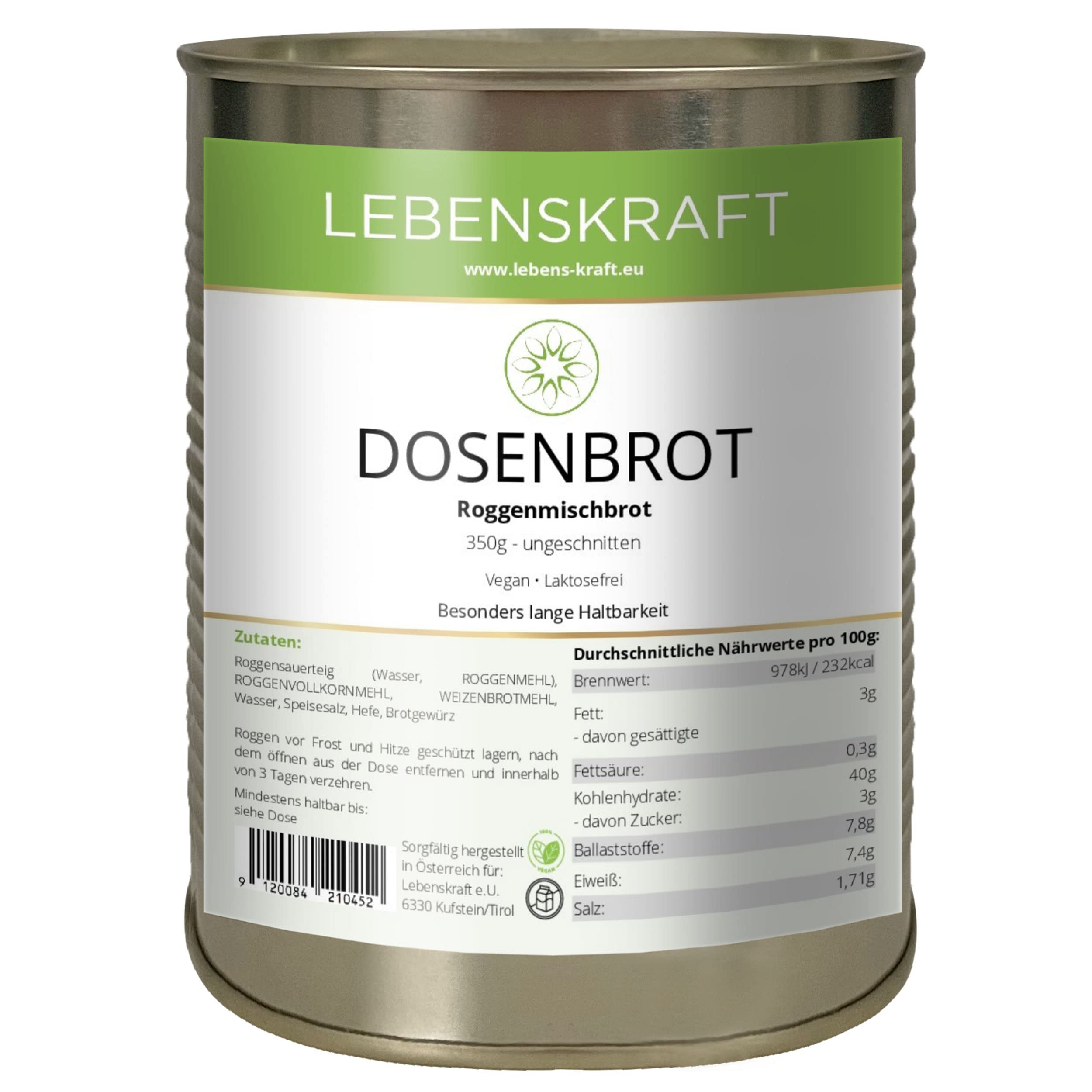 Lebenskraft Dosenbrot, Roggenmischbrot, 1 Dose 350g, lang haltbar, vegan, laktosefrei