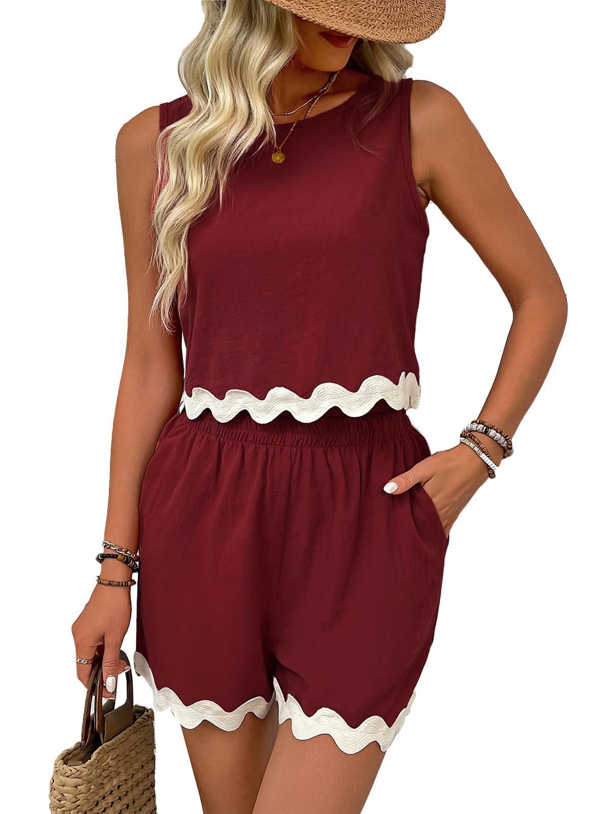 Rayson Conjunto de 2 Piezas Mujer Verano Casual Top Sin Mangas y Cortos con Bolsillos Borde Ondulado Clásico y Versátil
