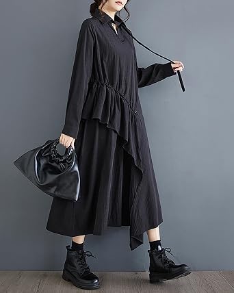 ellazhu Women's Dress Long Sleeve V-Neck Lapel Solid Flowy Hem Patchwork Drawstring Loose Oversize GZ287