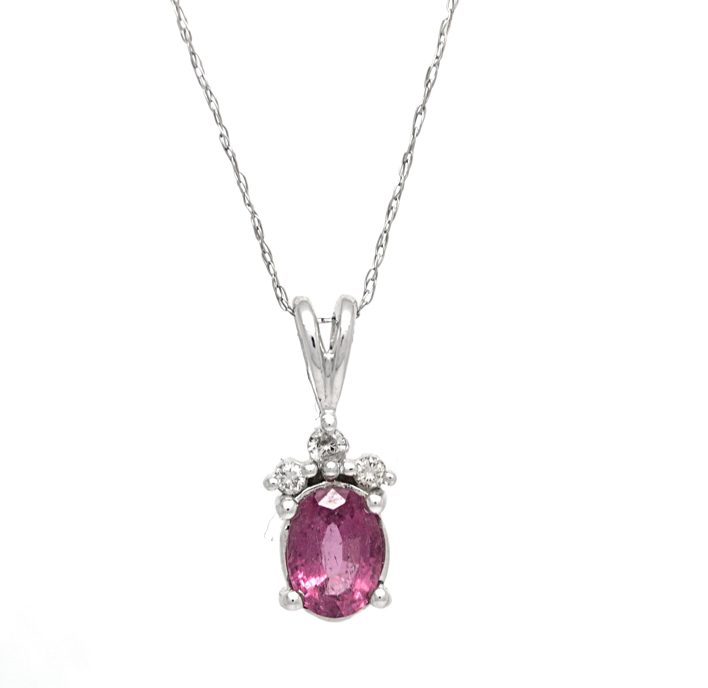 14K White Gold Genuine Pink Tourmaline Diamond Pendant