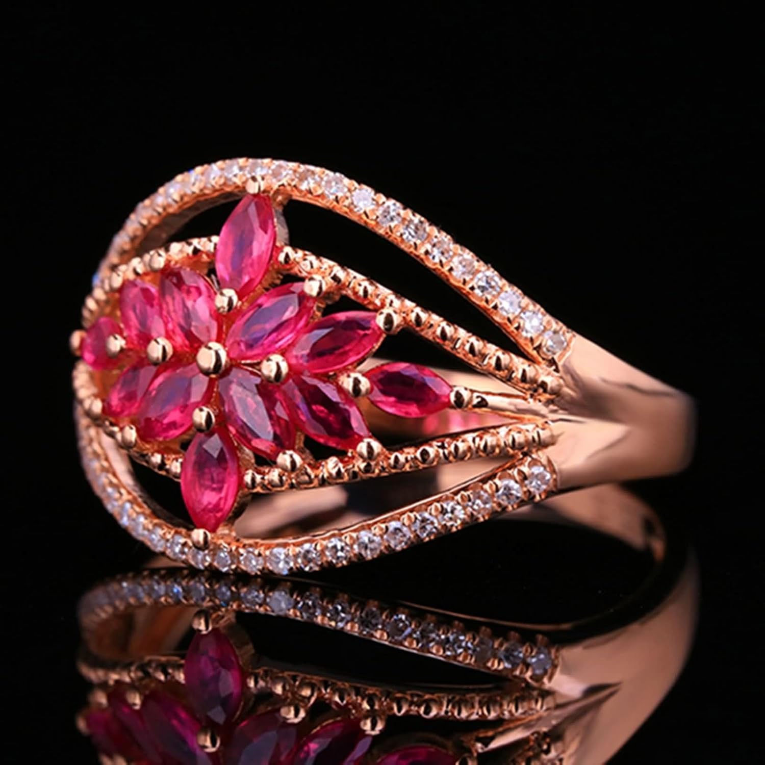 Women Promise Rings 9 ct / 14 ct / 18 ct Rose Gold, Flower with 0.763ct Created Ruby and Moissanite, Ring Rose Gold Wedding