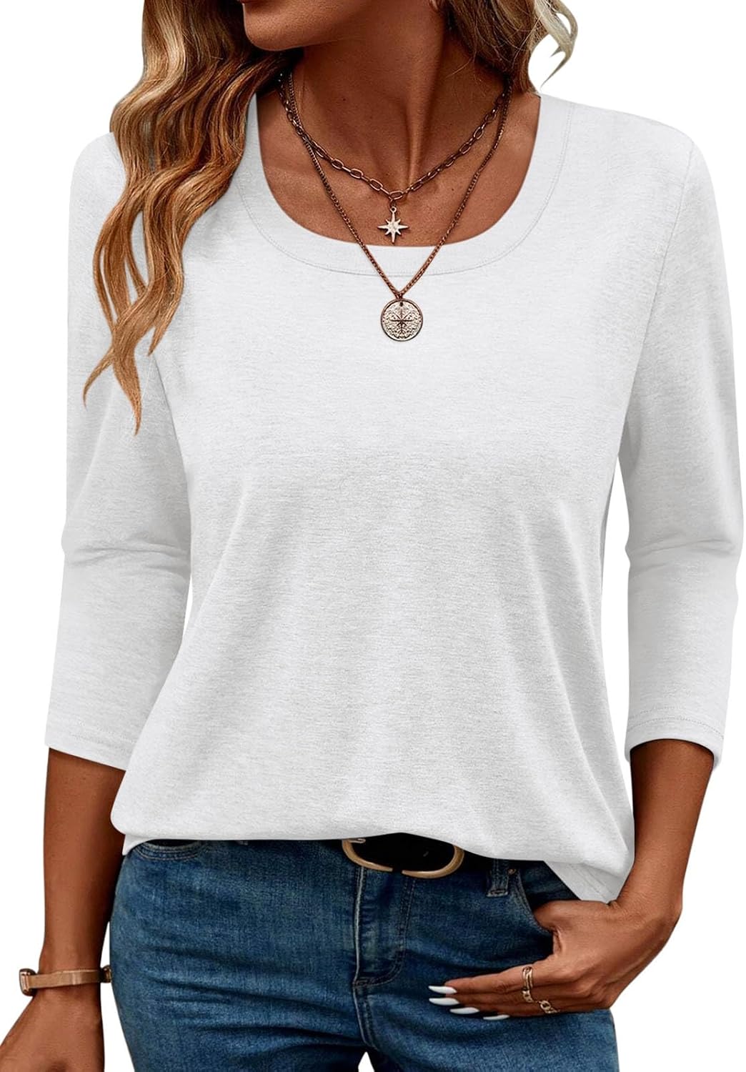 TICTICMIMI Women's 3/4 Sleeve Tops Square Neck Summer T Shirts Casual Dressy Blouse Solid Color Basic Tees